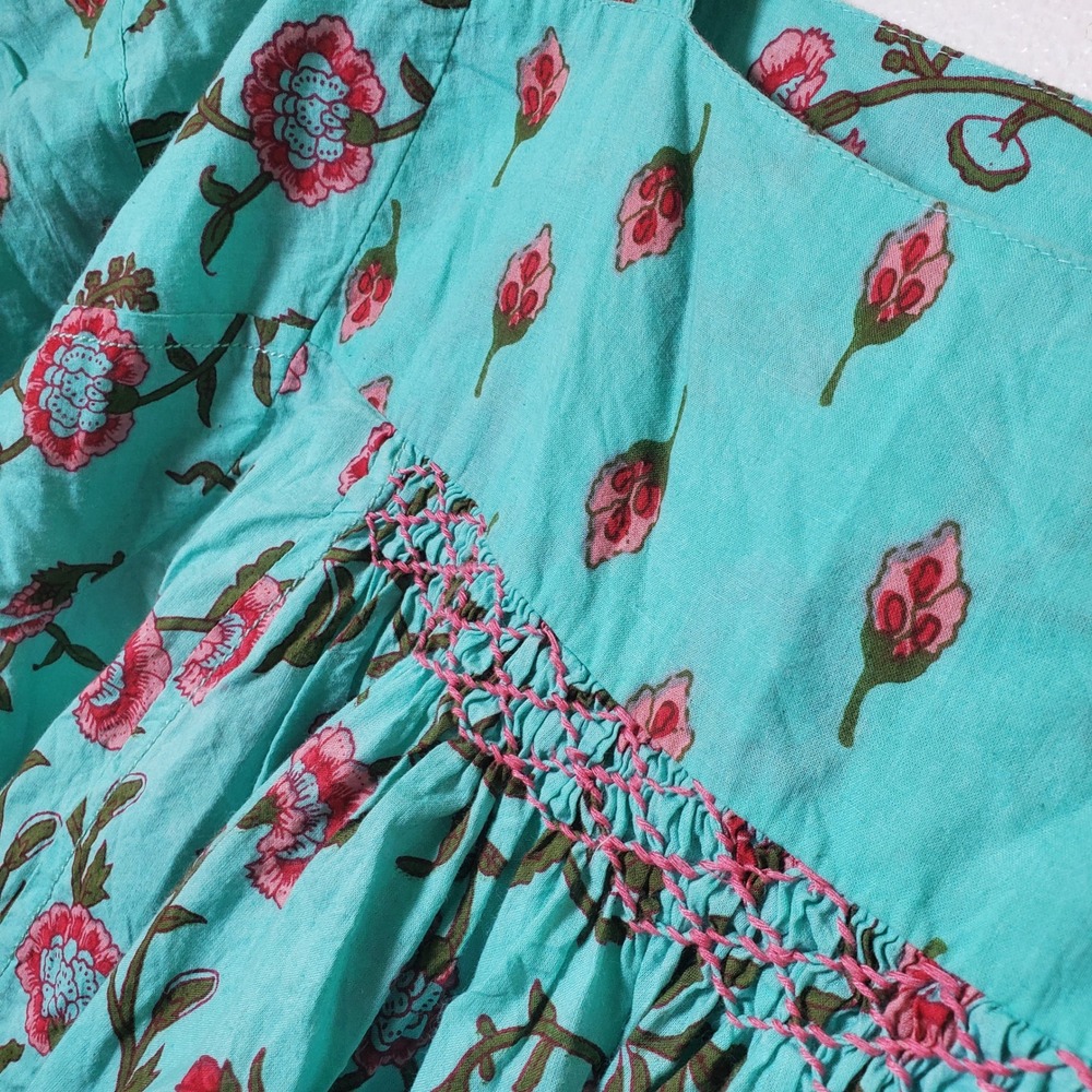Ivy Jane Turquoise Floral Cotton Smocked Baby Doll Blouse Top 6 Women's Size M - Picture 7 of 8